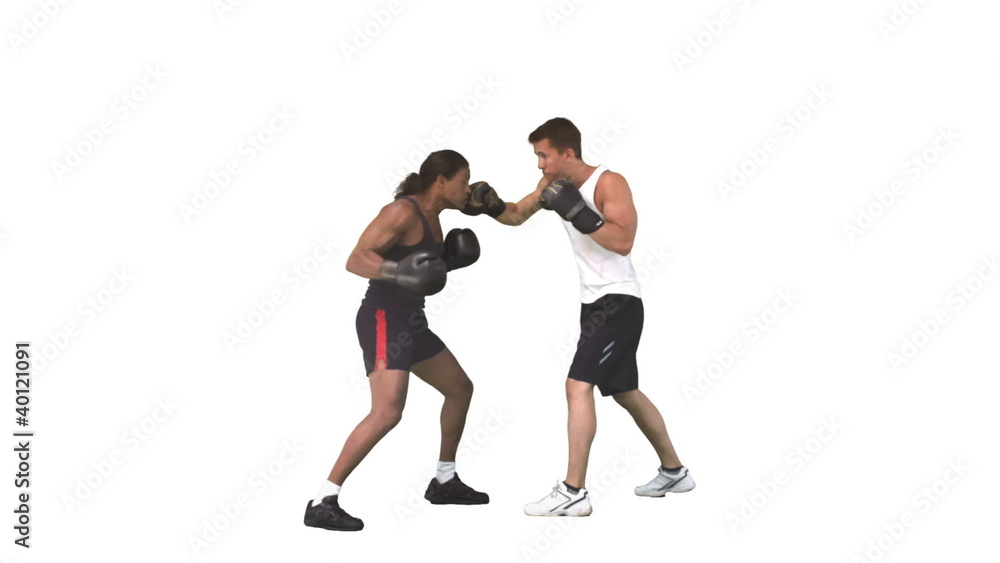 Two men sparring together with gloves in slow motion Two men sparring together with gloves in slow motion