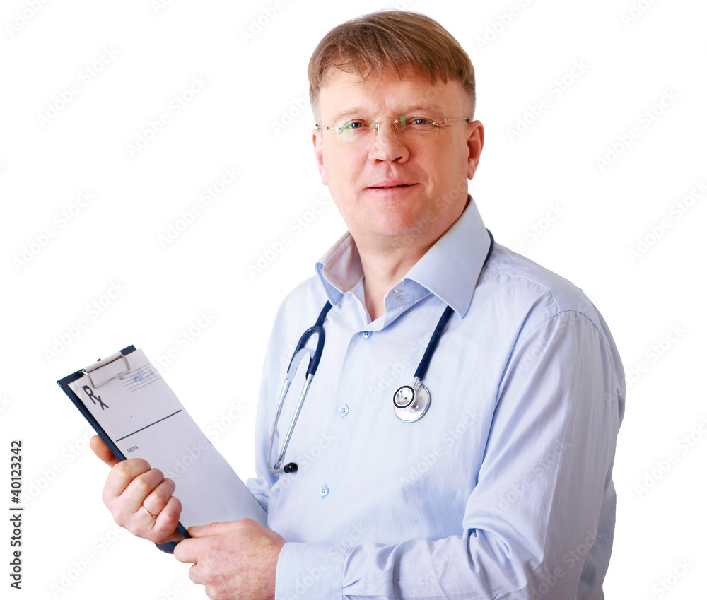 Male doctor standing with folder, isolated on white background Male doctor standing with folder, isolated on white background