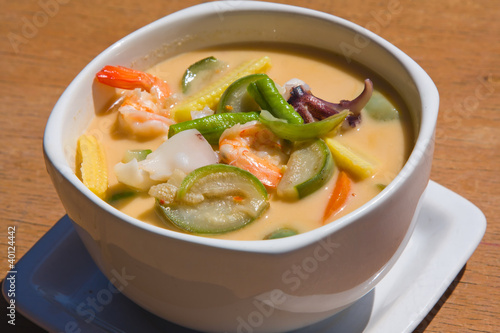 Thai soup made from coconut milk and seafood