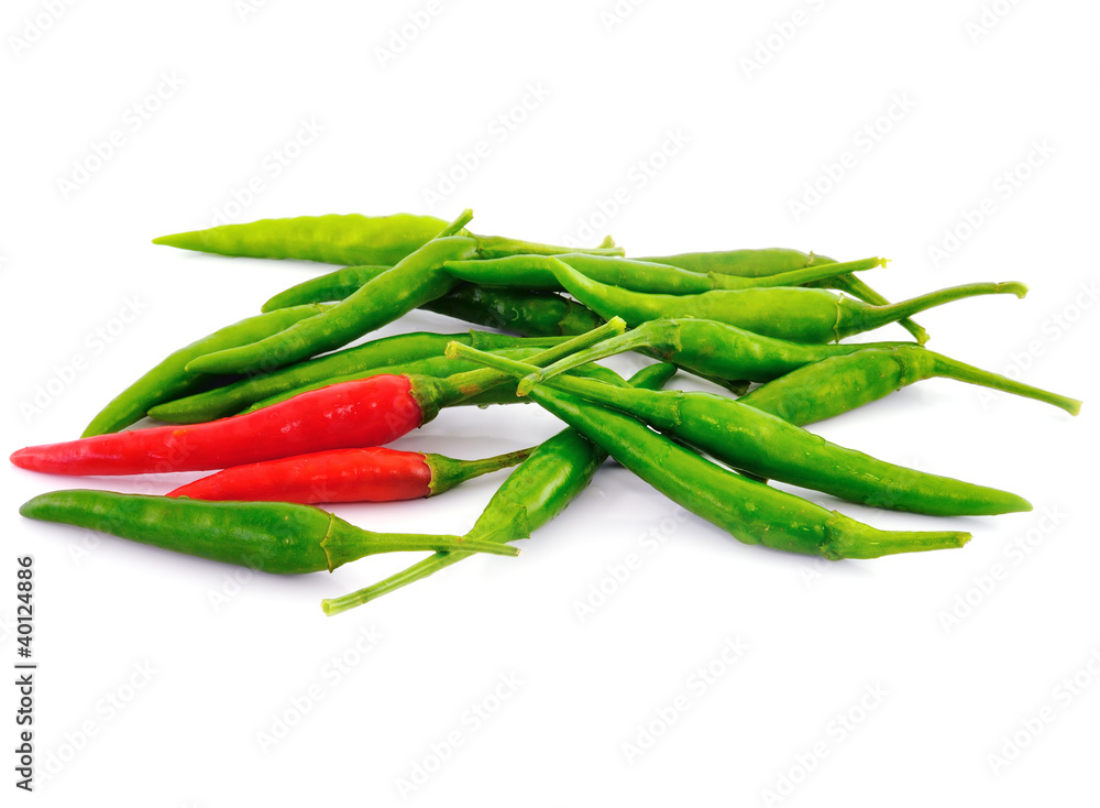 red and green hot chilli peppers isolated on white