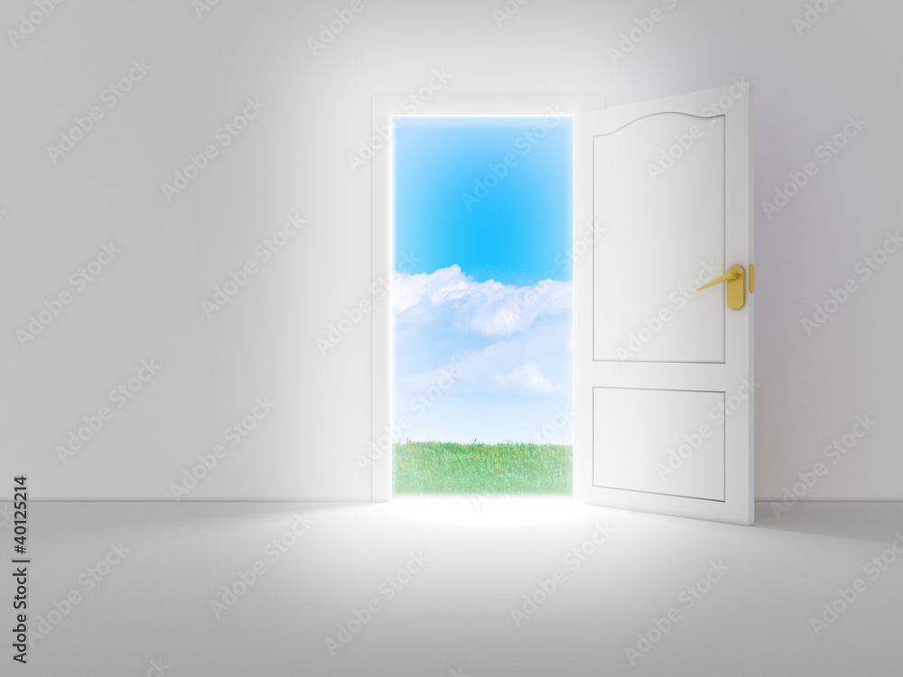 Empty white room with opened door and beautiful view, 3d render Empty white room with opened door and beautiful view, 3d render