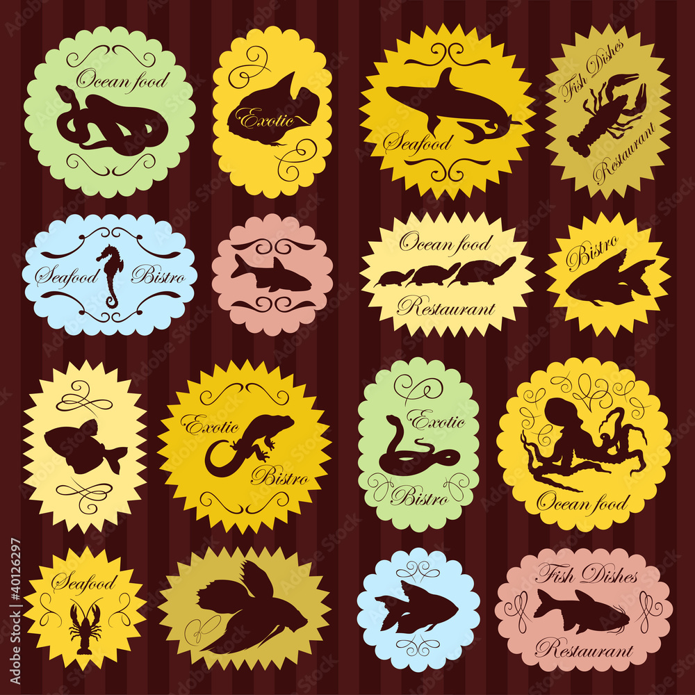 Fototapeta premium Vintage seafood labels illustration collection background