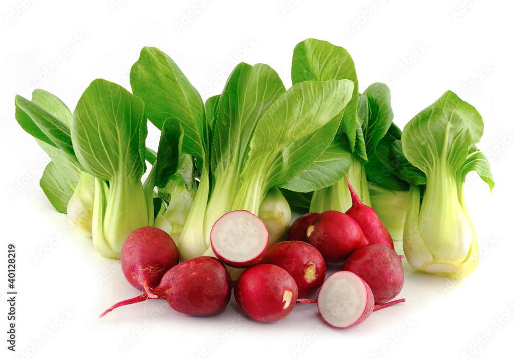 Bok choy (chinese cabbage) and radishes on white background Stock-Foto ...