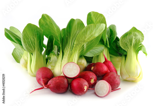 Bok choy (chinese cabbage) and radishes on white background