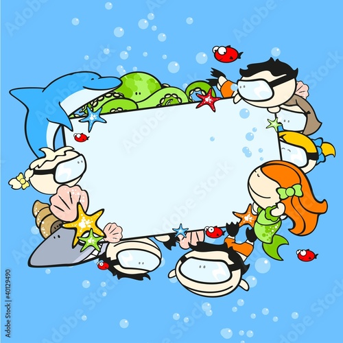 Background with cute underwater world explorers