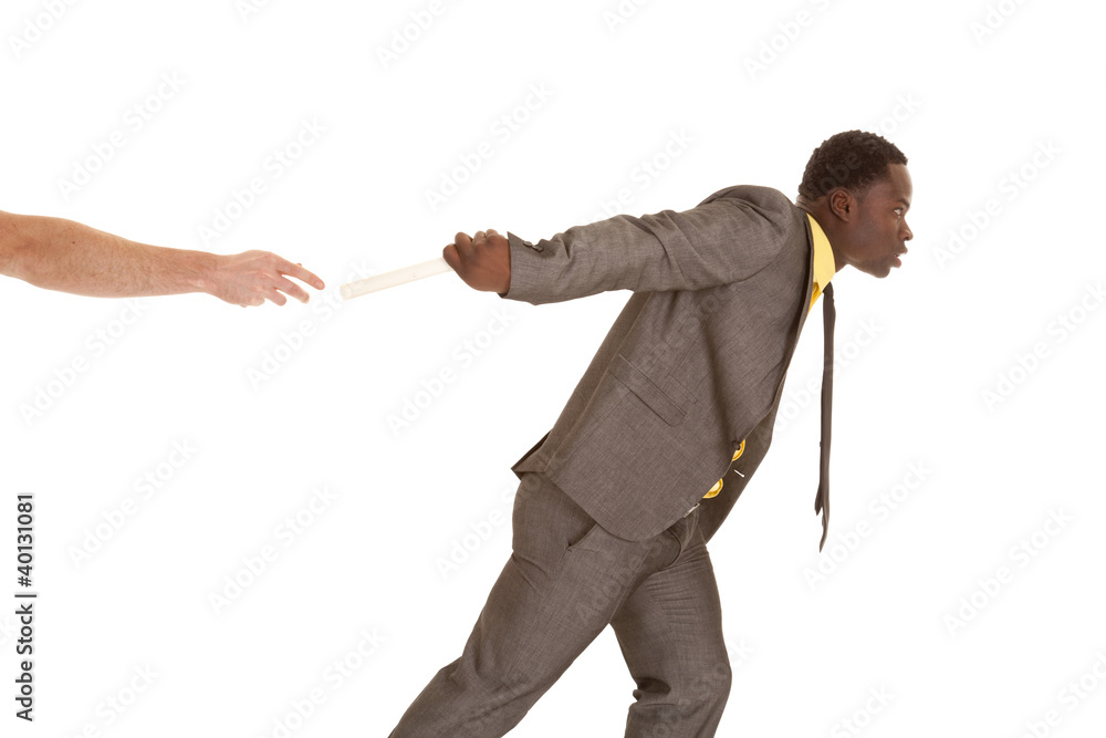 business man taking off with the baton in his hand business man taking off with the baton in his hand