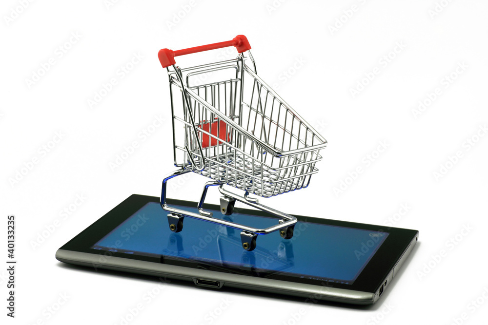 tablet-pc mit einkaufswagen