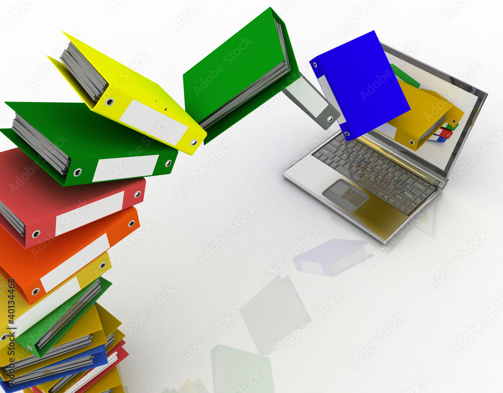 Colorful folders fly into your laptop Colorful folders fly into your laptop