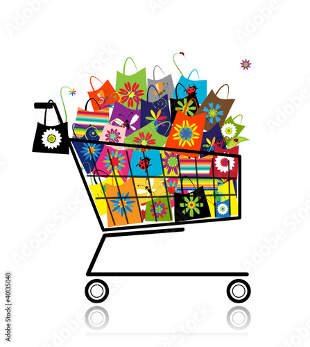 Supermarket cart with shopping bags for your design