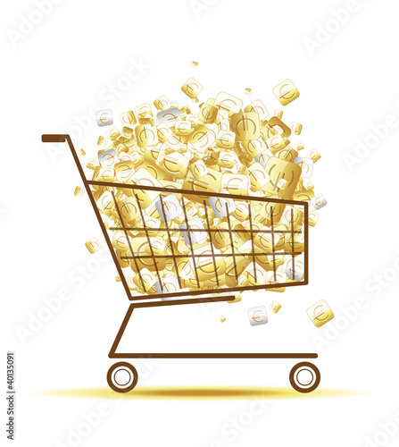 Pile of euro coins in shopping cart for your design