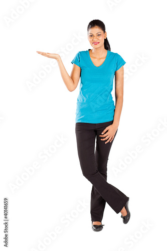 indian woman presenting on white background