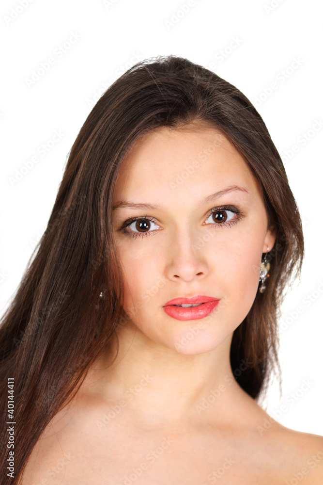 Pretty brunette girl looks at camera isolated on white backgroun Pretty brunette girl looks at camera isolated on white backgroun