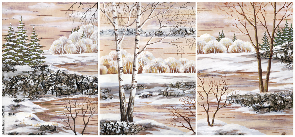 Naklejka premium Landscapes, distemper on a bark