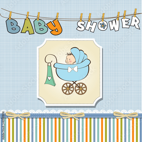 baby boy announcement card with baby and pram