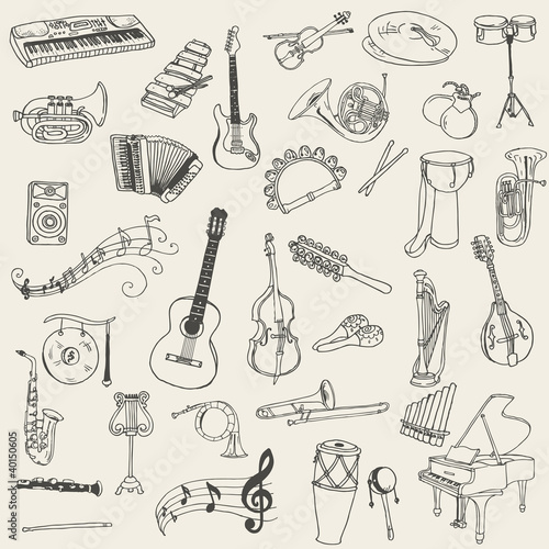 Set of Music Instruments - hand drawn in vector photo
