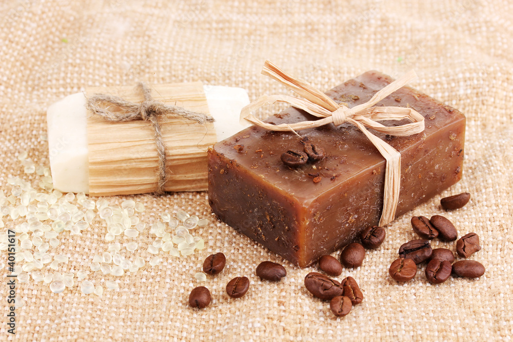 Hand-made soaps on sackcloth Hand-made soaps on sackcloth