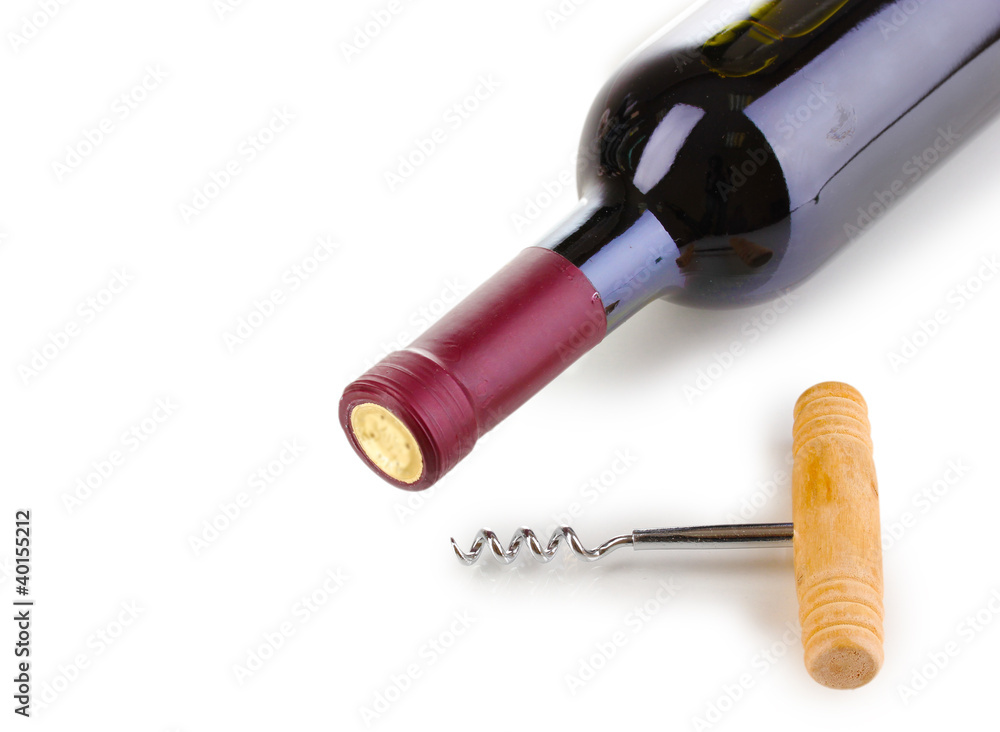 Bottle of great wine and corkscrew isolated on white