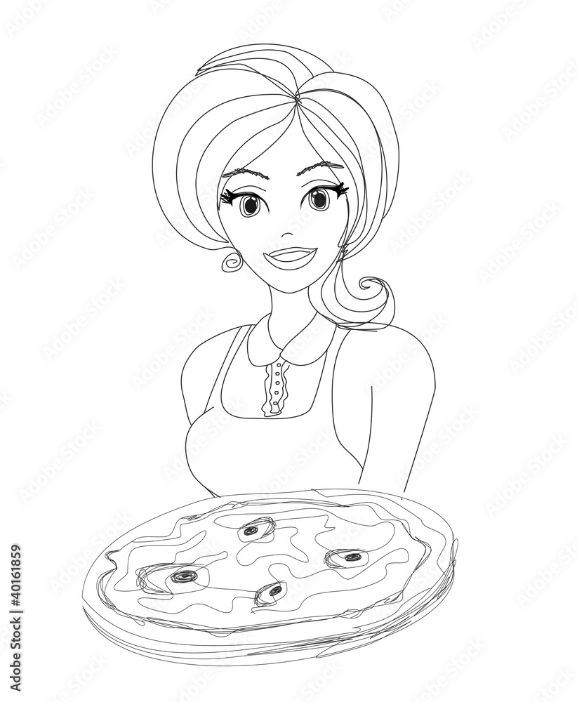 Young waitress with pizza doodle Young waitress with pizza doodle