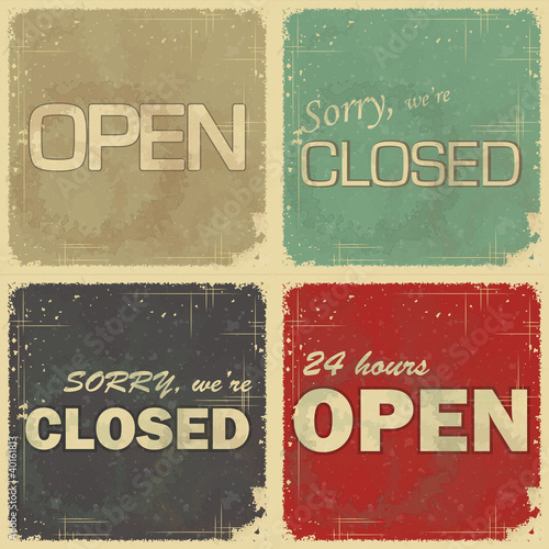 set of signs: open - closed - 24 hours