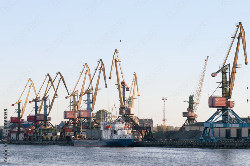 Dry Cargo Boat and Cranes in Seaport
