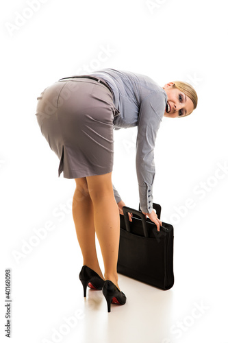 Happy businesswoman with briefcase isolated on white