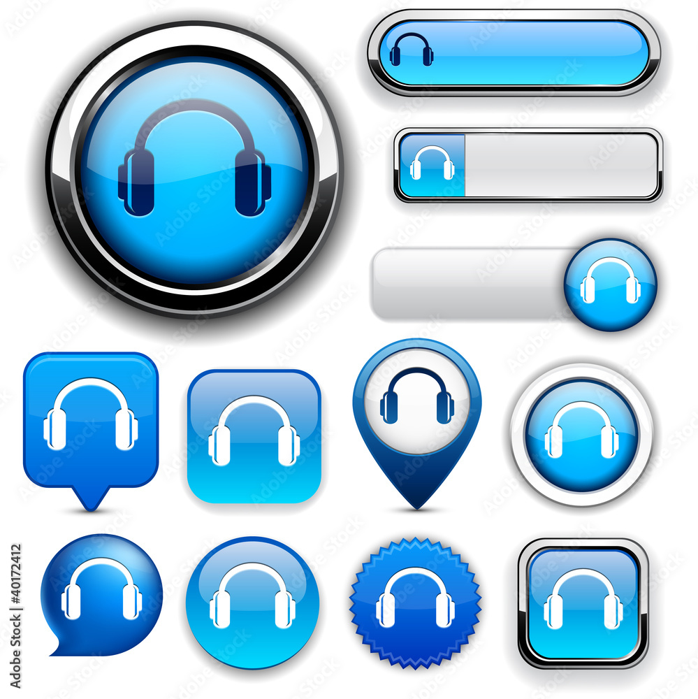 Headphones high-detailed web button collection. Headphones high-detailed web button collection.