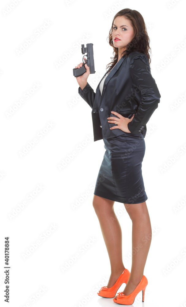 Young brunette woman with gun isolated on white Young brunette woman with gun isolated on white