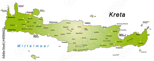 Übersichtskarte von Kreta mit Hauptstädten in grün