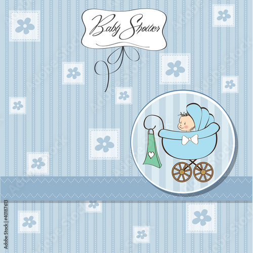 baby boy announcement card with baby and pram