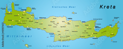 Übersichtskarte von Kreta mit Hauptstädten in grün