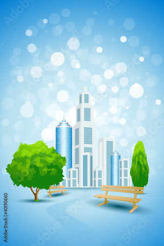 Blue Background with City Landscape Tree and Bench
