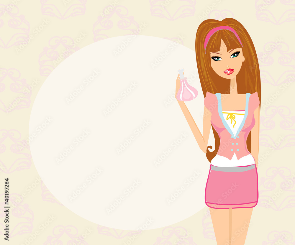 young woman spraying perfume on herself