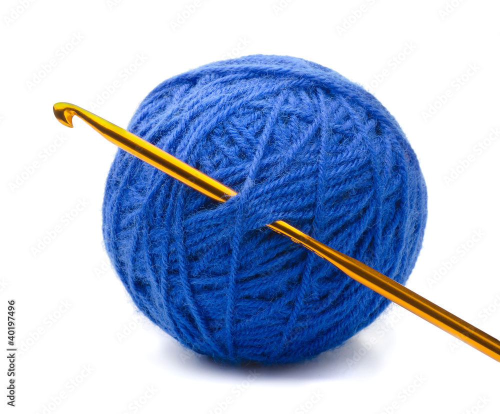 Ball of blue yarn and crochet hook - obrazy, fototapety, plakaty 