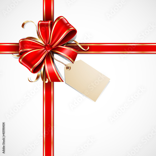 Red and gold vector gift bow with a blank tag and ribbons