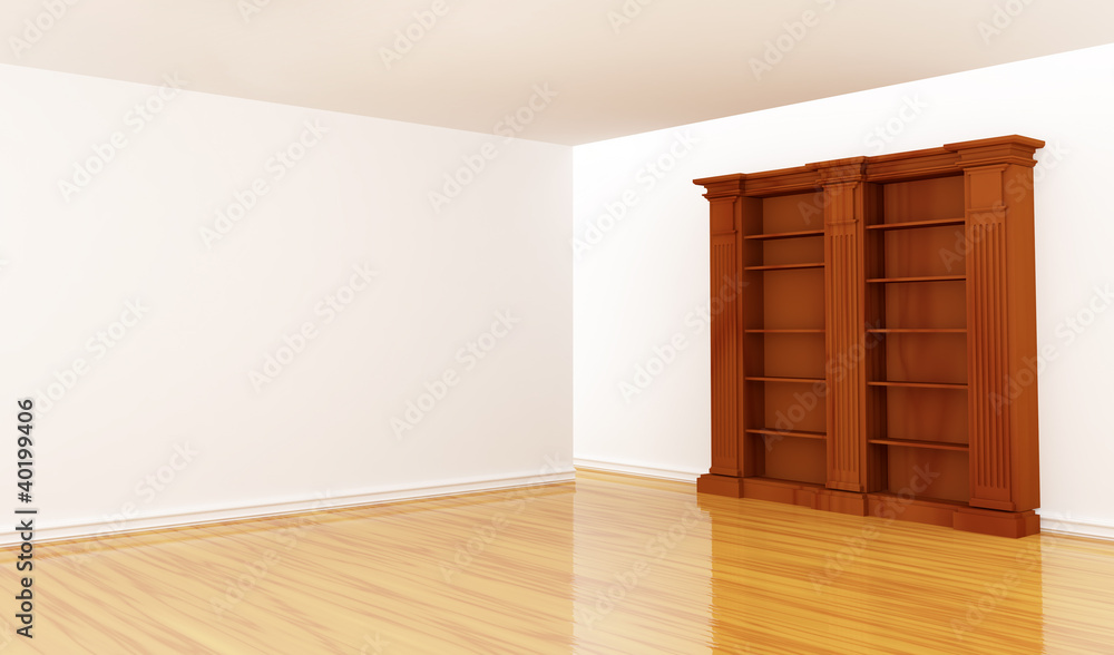 Fototapeta premium Wooden empty bookshelf in minimalist interior