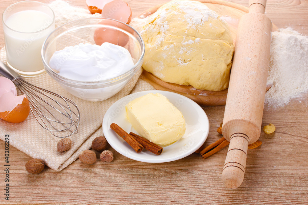 Ingredients for the dough wooden table Ingredients for the dough wooden table