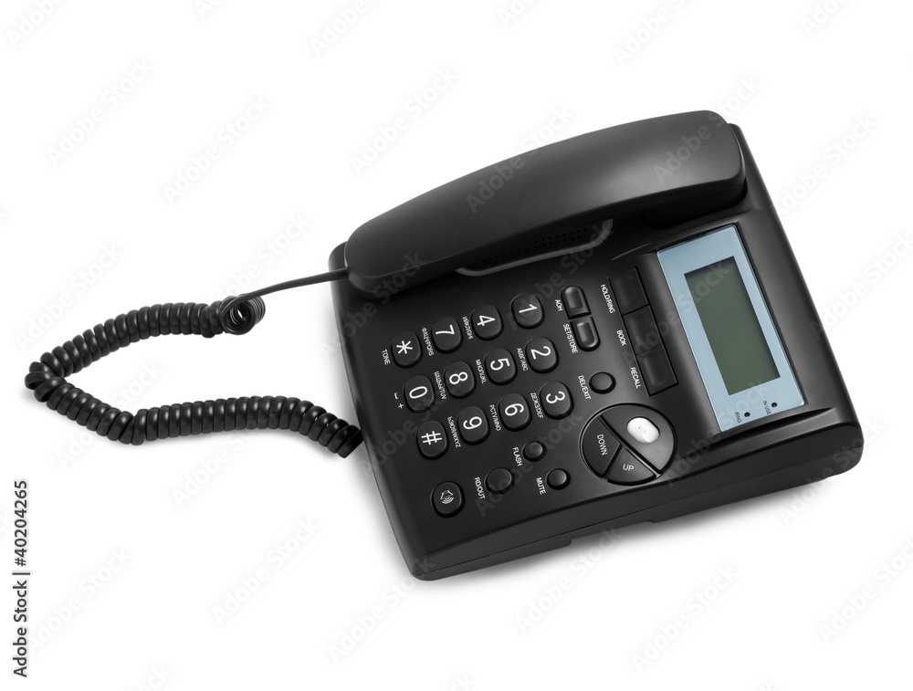 black modern phone call with cord isolated on white background black modern phone call with cord isolated on white background