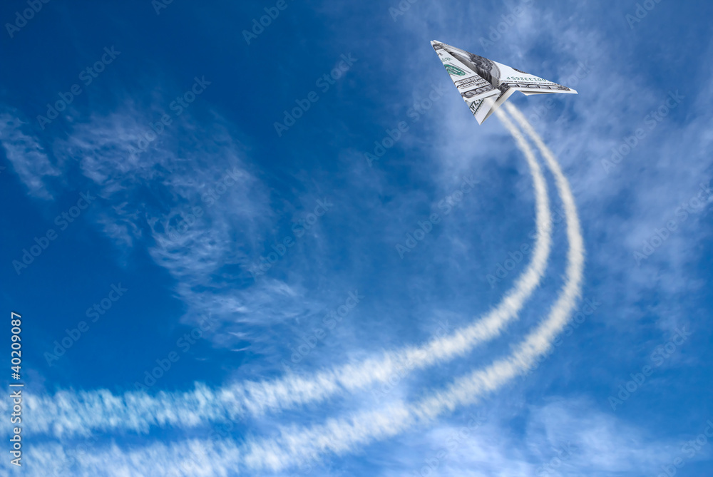 Hundred dollars plane on cloudy sky and trace . Hundred dollars plane on cloudy sky and trace .