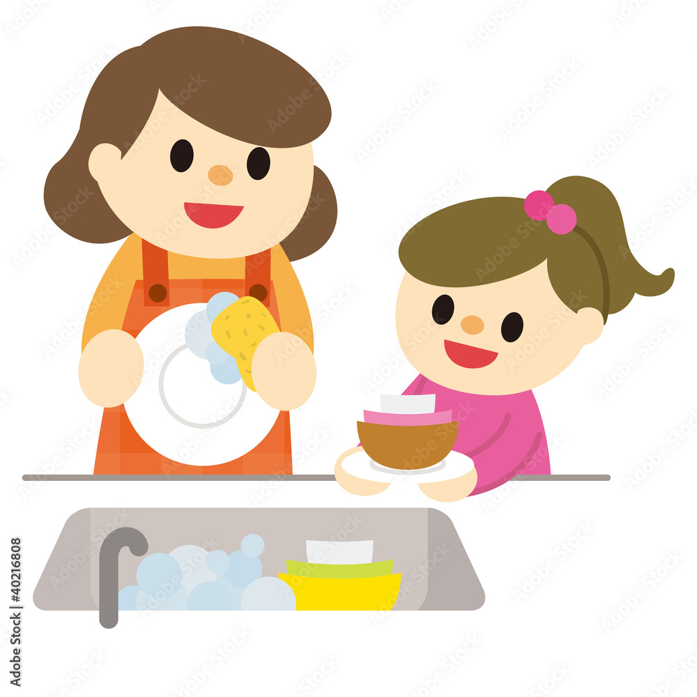 皿洗いをする親子