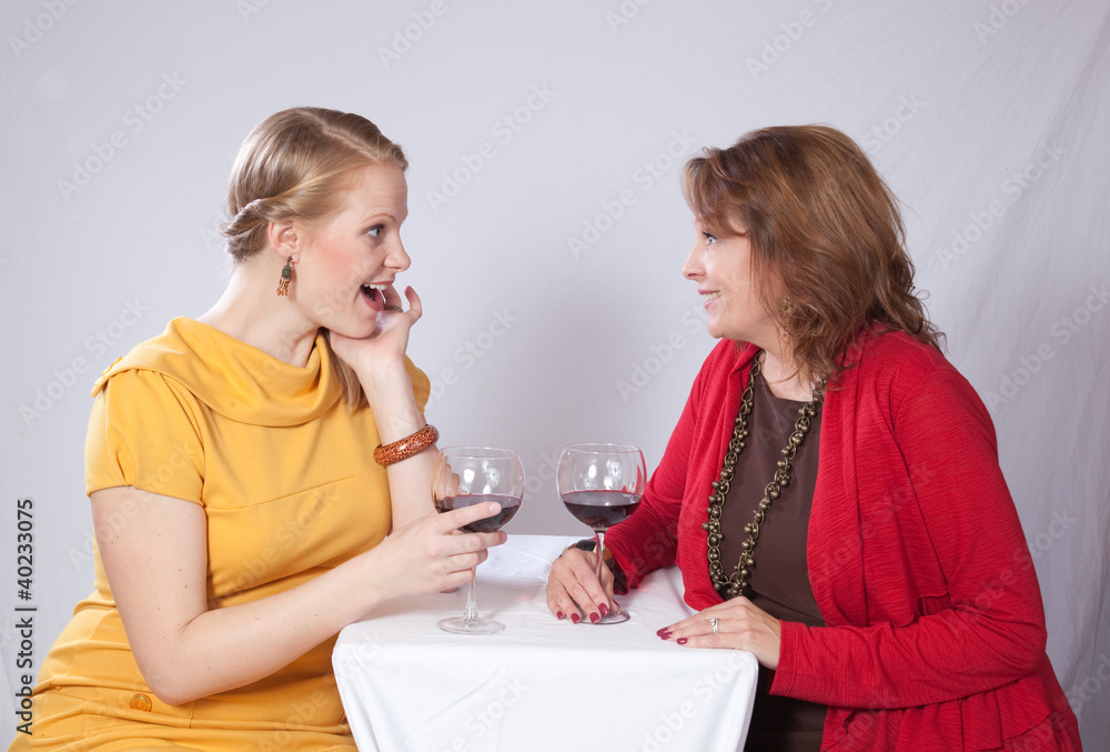 Mother and grown daughter with glasses of wine Mother and grown daughter with glasses of wine