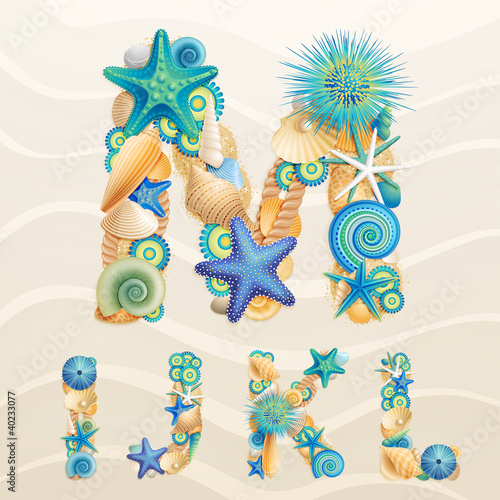 Vector sea life font on sand background.