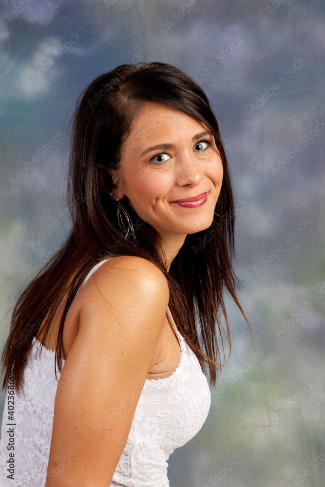 pretty woman smiling and looking at camera pretty woman smiling and looking at camera