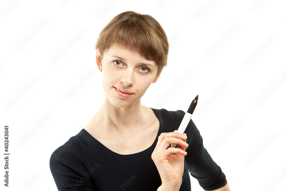 Attractive young woman pointing at something with black marker, Attractive young woman pointing at something with black marker,
