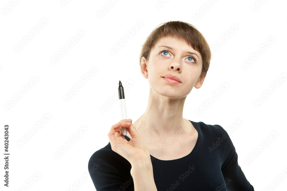 Young woman holding black marker and thinking looking up, copy s Young woman holding black marker and thinking looking up, copy s