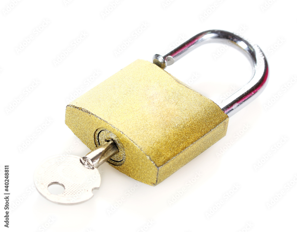 golden padlock with key isolated on white golden padlock with key isolated on white