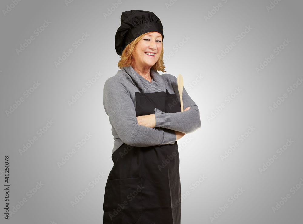 portrait of woman cook wearing apron over grey background portrait of woman cook wearing apron over grey background