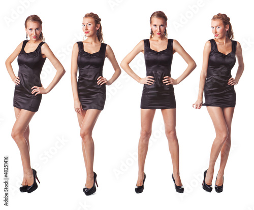Portrait of four attractive young women in a black dress Full le