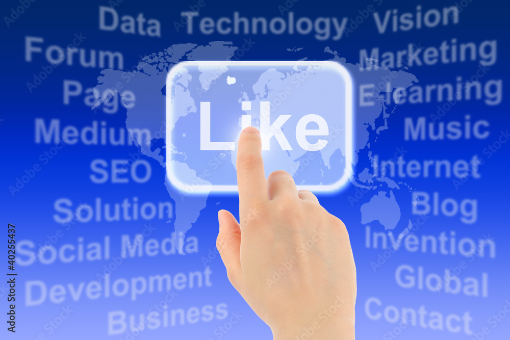 Woman hand uses like button on blue background Woman hand uses like button on blue background