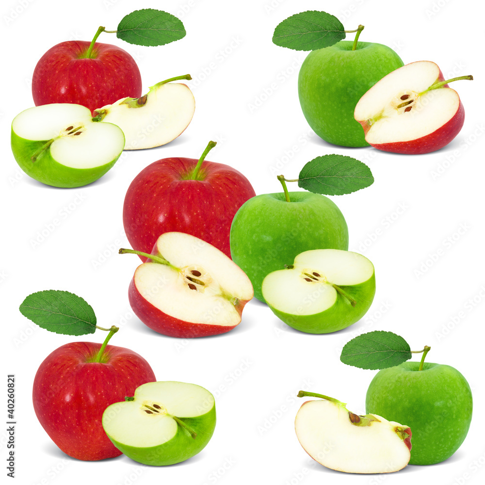 Collection of red and green apples with slices isolated on white Collection of red and green apples with slices isolated on white