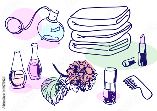 Drawing of vintage cosmetics set